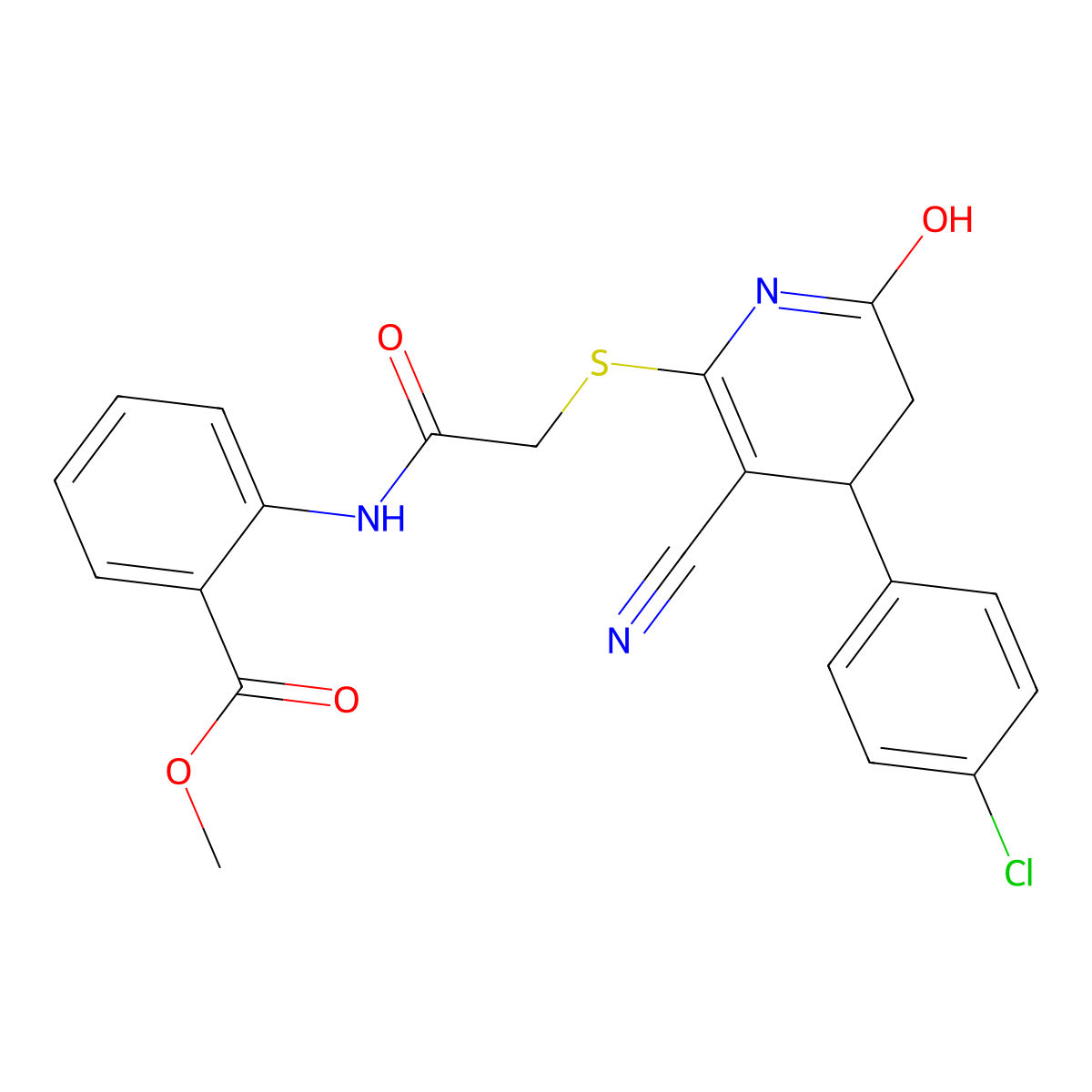 methyl 2-[[2-[[4-(4-chlorophenyl)-5-cyano-2-oxo-3,4-dihydro-1H-pyridin-6-yl]sulfanyl]acetyl]amino]benzoate molecular structure, CAS 577697-13-3