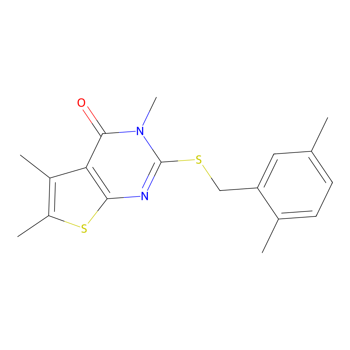 2-[(2,5-dimethylbenzyl)sulfanyl]-3,5,6-trimethylthieno[2,3-d]pyrimidin-4(3H)-one molecular structure, CAS 577698-44-3