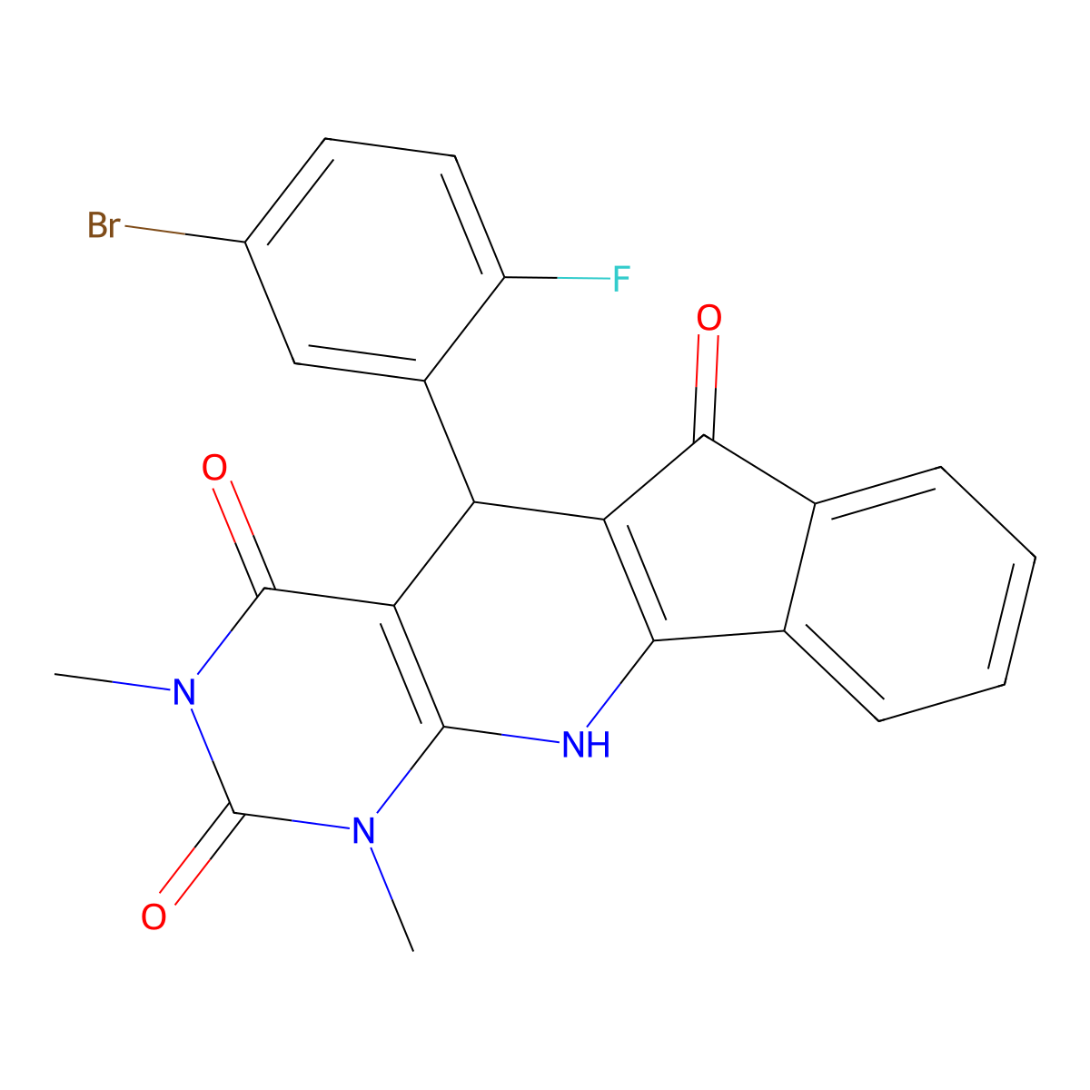 5-(5-bromo-2-fluorophenyl)-1,3-dimethyl-5,11-dihydro-1H-indeno[2',1':5,6]pyrido[2,3-d]pyrimidine-2,4,6(3H)-trione molecular structure, CAS 577698-51-2