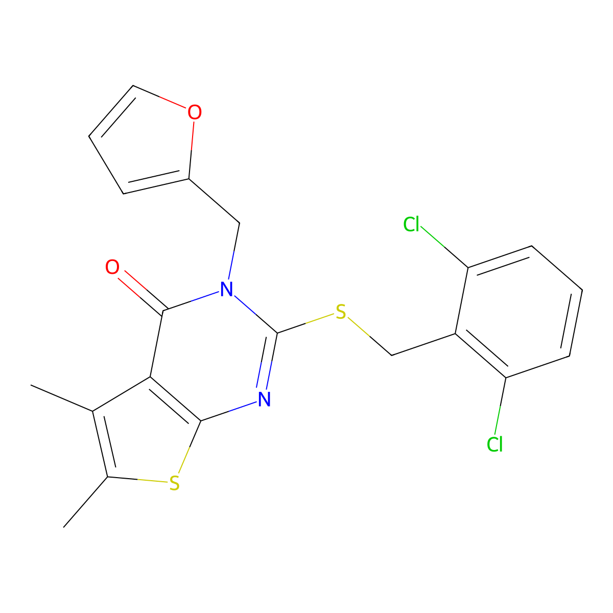 2-[(2,6-dichlorobenzyl)sulfanyl]-3-(furan-2-ylmethyl)-5,6-dimethylthieno[2,3-d]pyrimidin-4(3H)-one molecular structure, CAS 577698-85-2