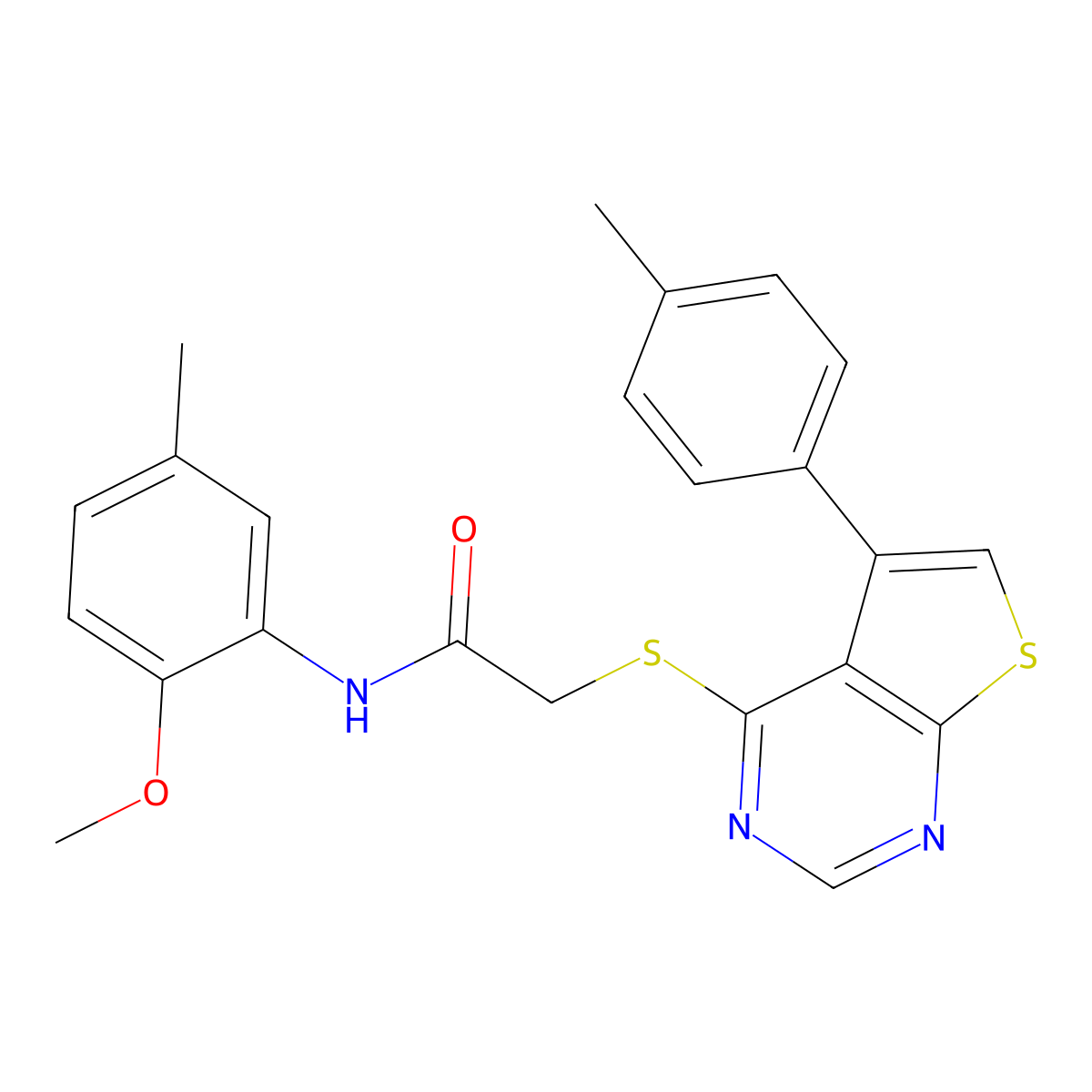 N-(2-methoxy-5-methylphenyl)-2-{[5-(4-methylphenyl)thieno[2,3-d]pyrimidin-4-yl]sulfanyl}acetamide molecular structure, CAS 577699-15-1