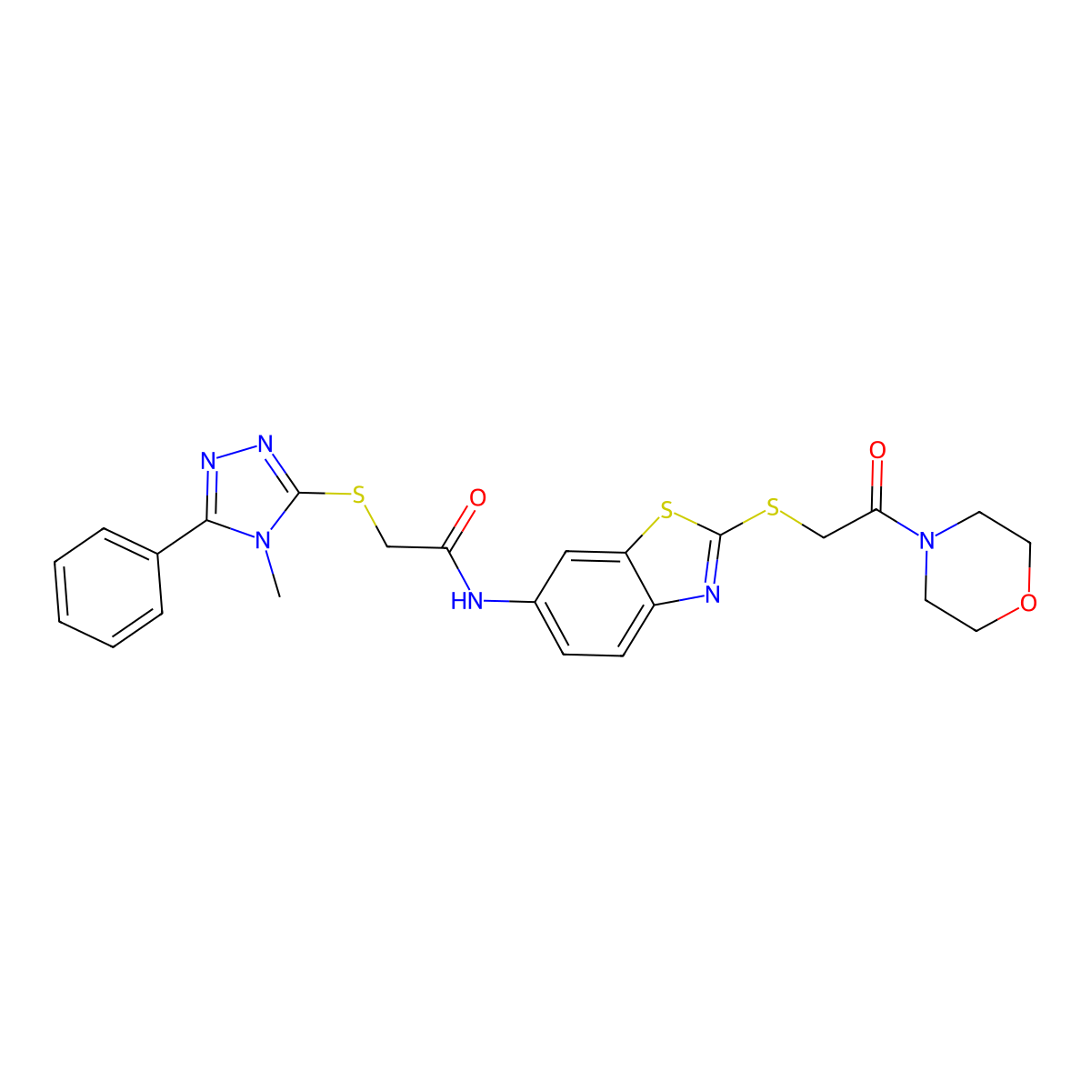 2-[(4-methyl-5-phenyl-4H-1,2,4-triazol-3-yl)sulfanyl]-N-(2-{[2-(morpholin-4-yl)-2-oxoethyl]sulfanyl}-1,3-benzothiazol-6-yl)acetamide molecular structure, CAS 5777-02-6