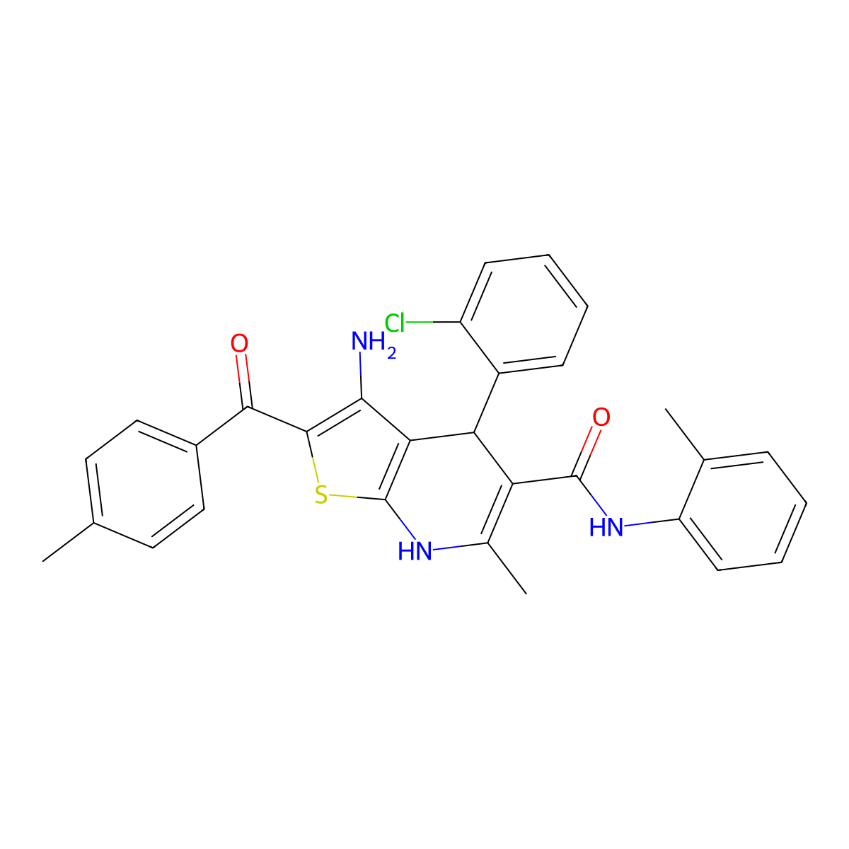 3-amino-4-(2-chlorophenyl)-6-methyl-N-(2-methylphenyl)-2-[(4-methylphenyl)carbonyl]-4,7-dihydrothieno[2,3-b]pyridine-5-carboxamide molecular structure, CAS 5777-72-0