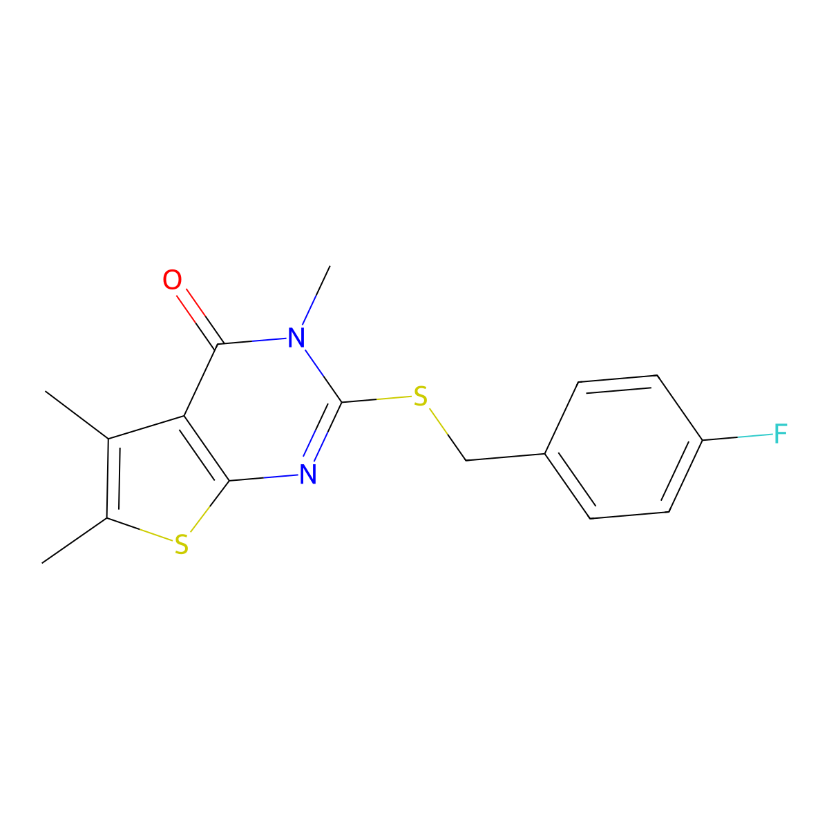 2-[(4-fluorobenzyl)sulfanyl]-3,5,6-trimethylthieno[2,3-d]pyrimidin-4(3H)-one molecular structure, CAS 577700-06-2