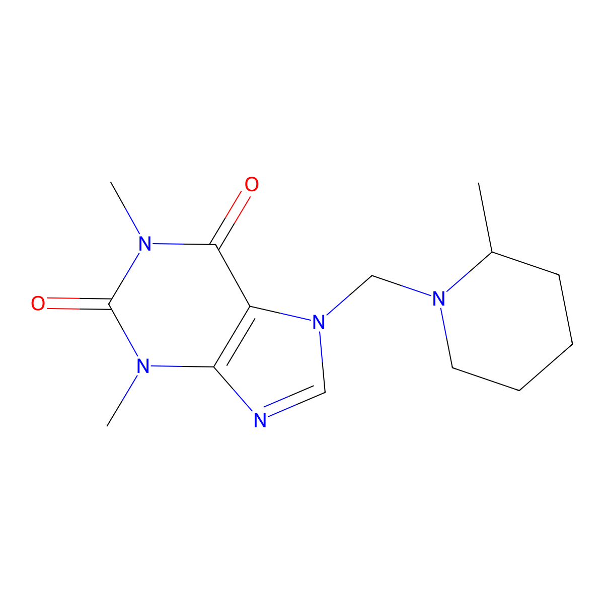 1,3-dimethyl-7-((2-methylpiperidin-1-yl)methyl)-1H-purine-2,6(3H,7H)-dione molecular structure, CAS 577700-15-3