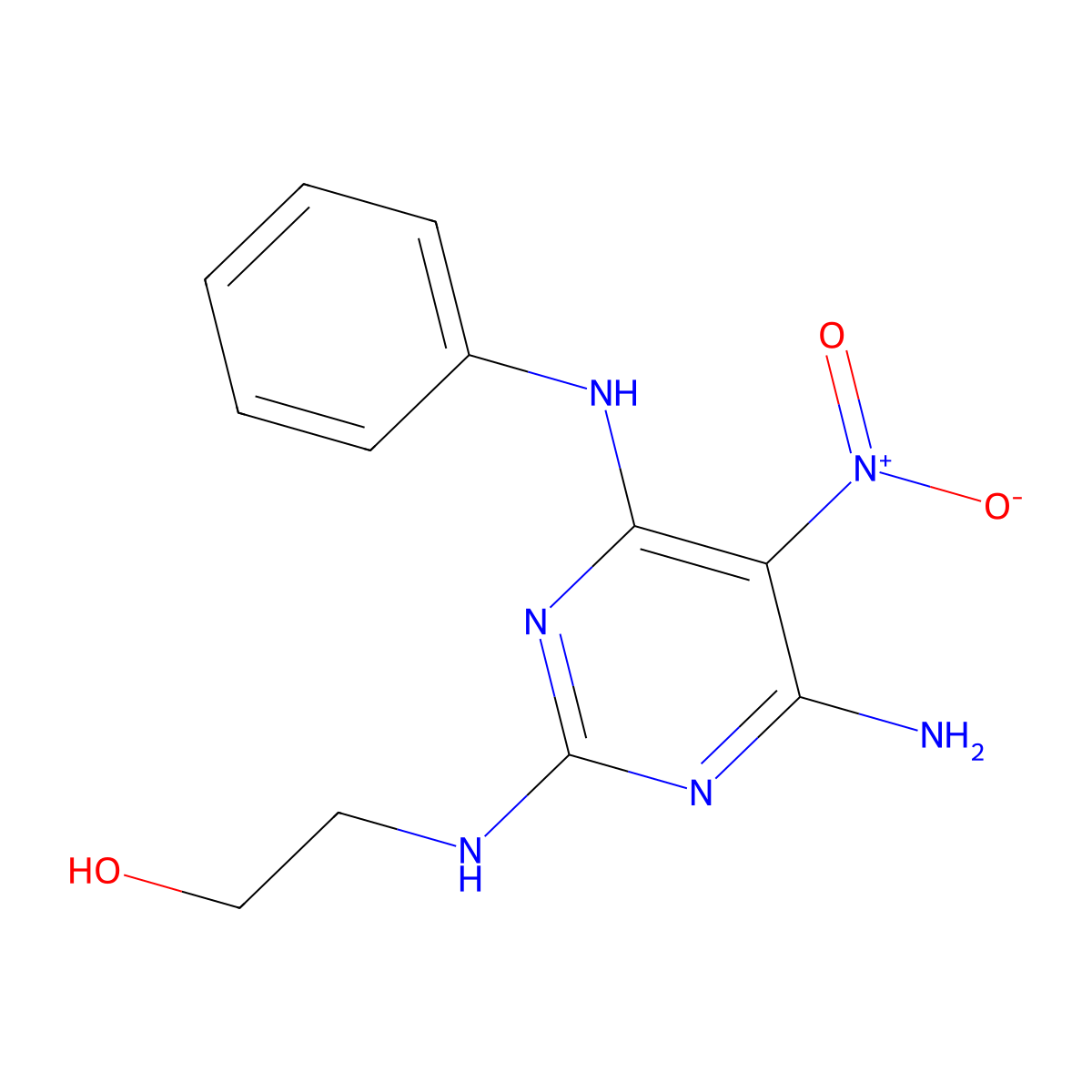 2-((4-Amino-5-nitro-6-(phenylamino)pyrimidin-2-yl)amino)ethanol molecular structure, CAS 577700-40-4
