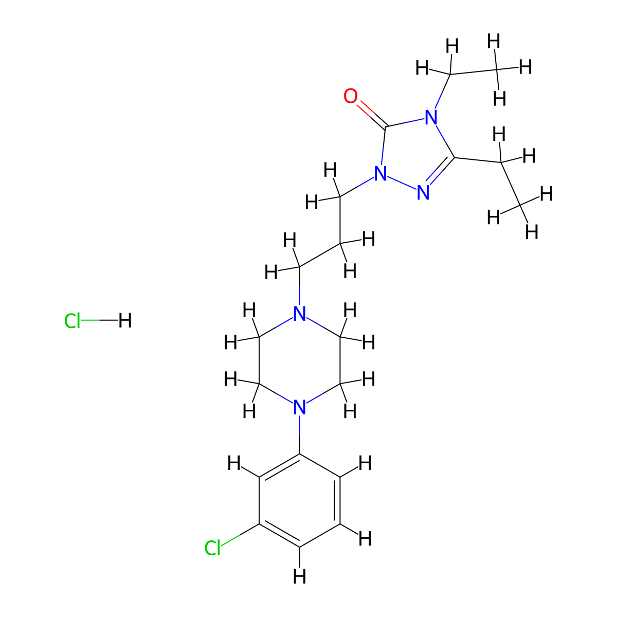 3H-1,2,4-Triazol-3-one, 2-(3-(4-(3-chlorophenyl)-1-piperazinyl)propyl)-4,5-diethyl-2,4-dihydro-, hydrochloride (1:1) molecular structure, CAS 57775-22-1