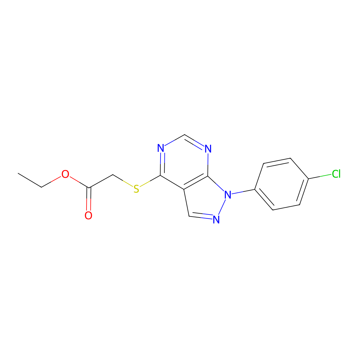 [1-(4-Chloro-phenyl)-1H-pyrazolo[3,4-d]pyrimidin-4-ylsulfanyl]-acetic acid ethyl ester molecular structure, CAS 577756-70-8