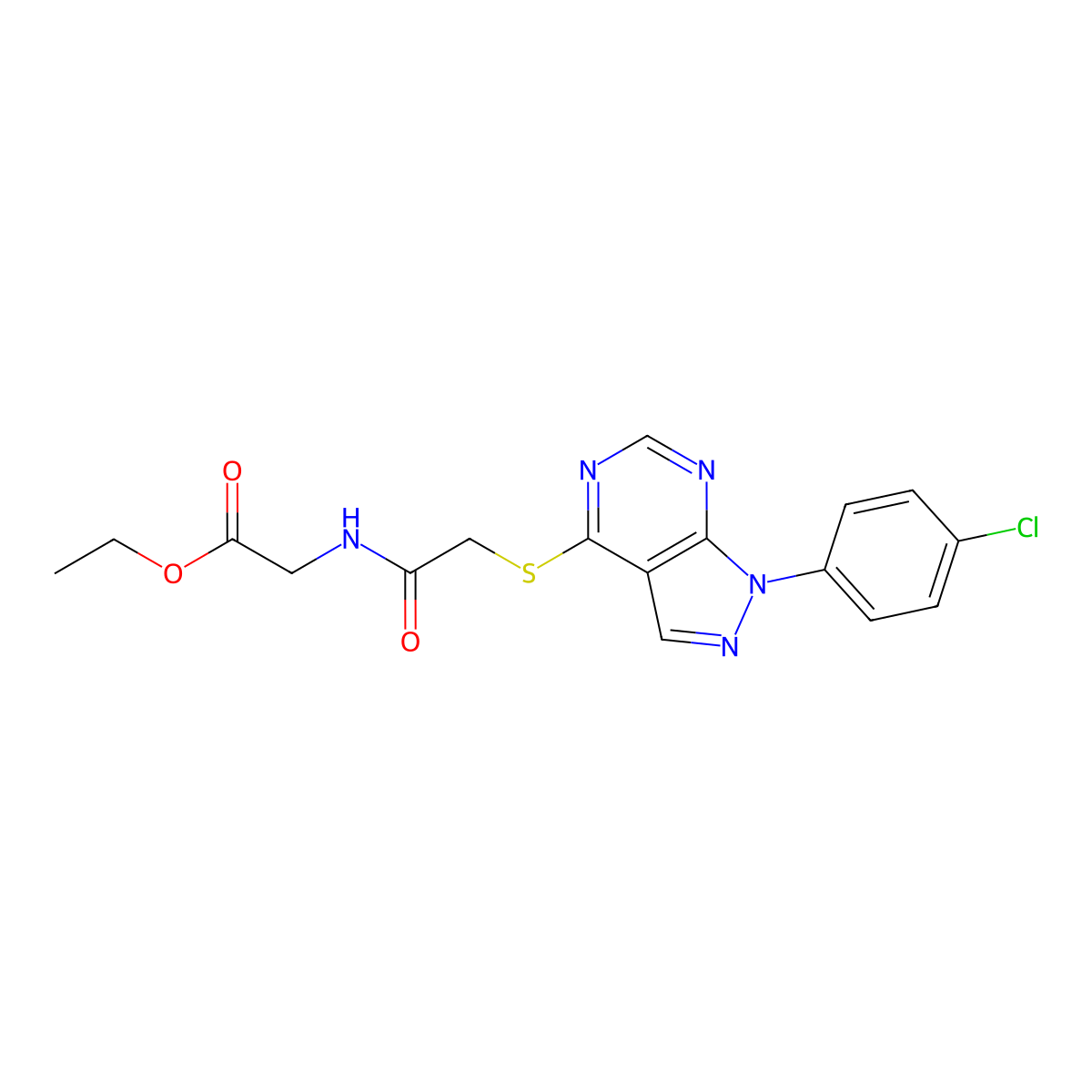 ethyl 2-(2-((1-(4-chlorophenyl)-1H-pyrazolo[3,4-d]pyrimidin-4-yl)thio)acetamido)acetate molecular structure, CAS 577756-72-0