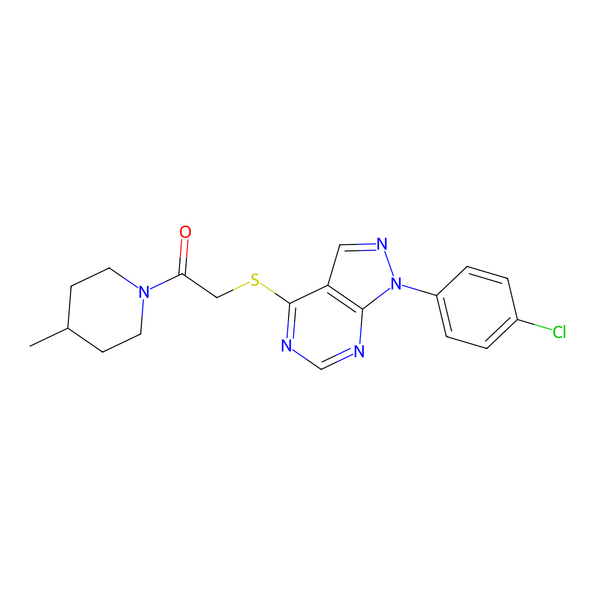 2-[1-(4-Chlorophenyl)pyrazolo[3,4-d]pyrimidin-4-yl]sulfanyl-1-(4-methylpiperidin-1-yl)ethanone molecular structure, CAS 577756-76-4