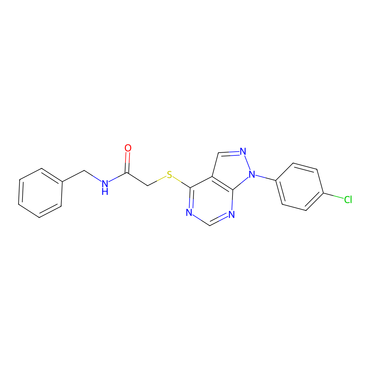 N-benzyl-2-[1-(4-chlorophenyl)pyrazolo[3,4-d]pyrimidin-4-yl]sulfanylacetamide molecular structure, CAS 577756-82-2