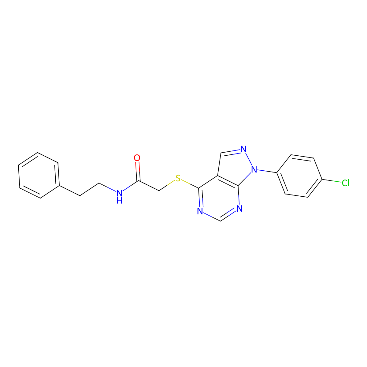 2-((1-(4-chlorophenyl)-1H-pyrazolo[3,4-d]pyrimidin-4-yl)thio)-N-phenethylacetamide molecular structure, CAS 577756-84-4