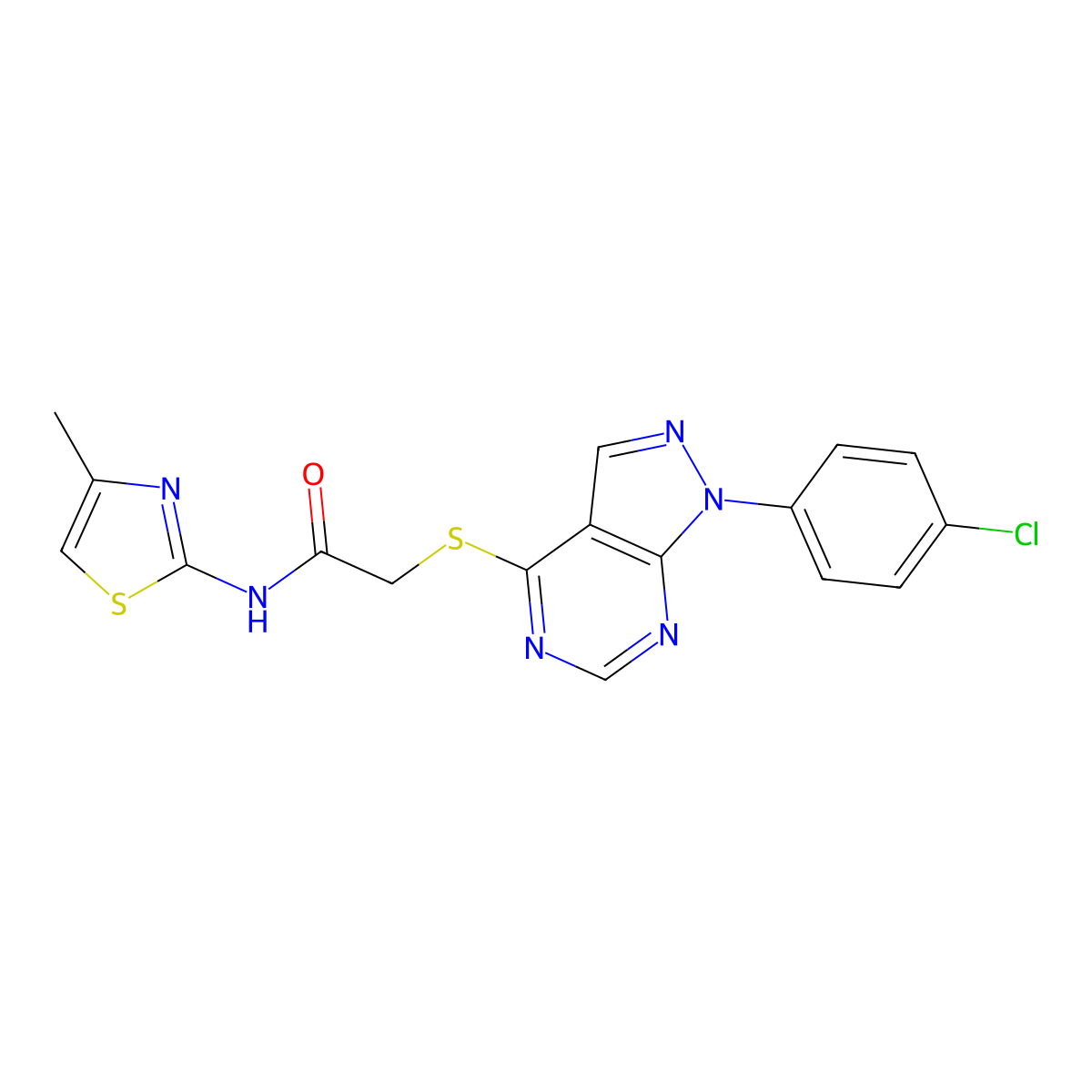 2-((1-(4-chlorophenyl)-1H-pyrazolo[3,4-d]pyrimidin-4-yl)thio)-N-(4-methylthiazol-2-yl)acetamide molecular structure, CAS 577757-22-3