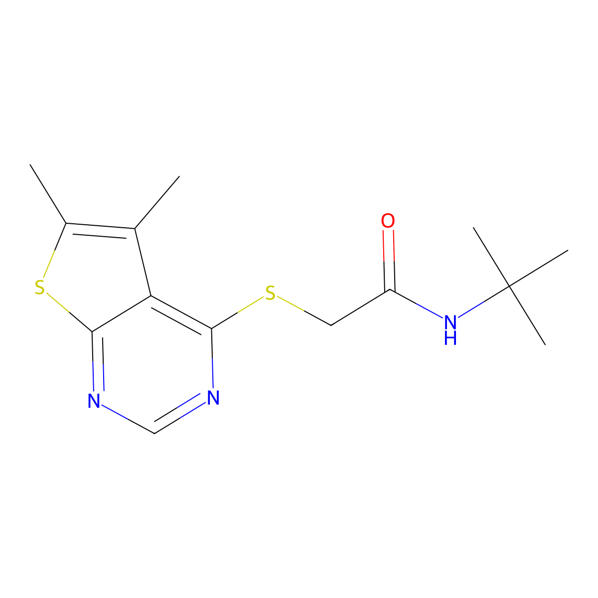 N-tert-butyl-2-(5,6-dimethylthieno[2,3-d]pyrimidin-4-yl)sulfanylacetamide molecular structure, CAS 577760-25-9