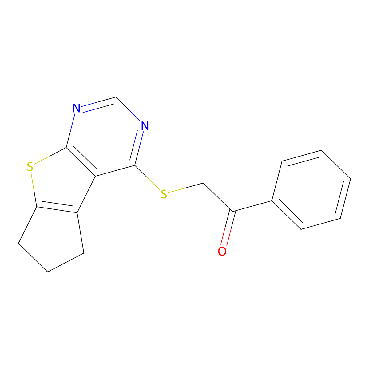 2-((6,7-dihydro-5H-cyclopenta[4,5]thieno[2,3-d]pyrimidin-4-yl)thio)-1-phenylethanone molecular structure, CAS 577760-53-3
