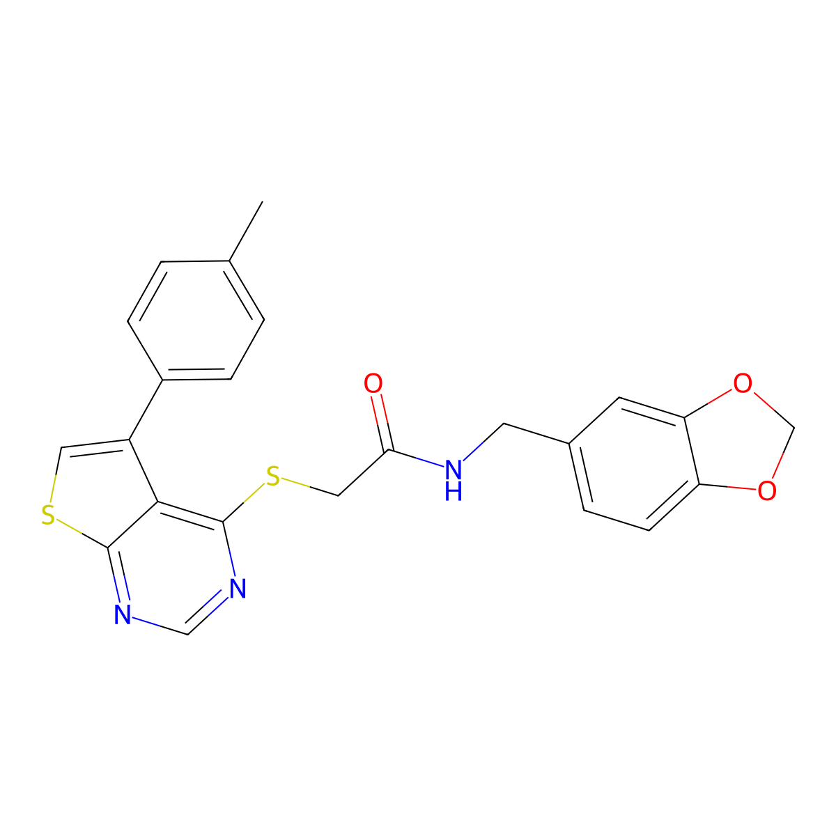 N-Benzo[1,3]dioxol-5-ylmethyl-2-(5-p-tolyl-thieno[2,3-d]pyrimidin-4-ylsulfanyl)-acetamide molecular structure, CAS 577760-75-9