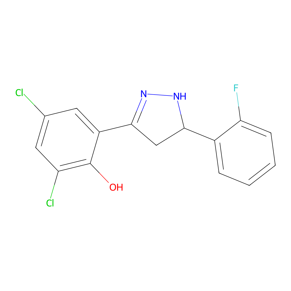 2,4-dichloro-6-(5-(2-fluorophenyl)-4,5-dihydro-1H-pyrazol-3-yl)phenol molecular structure, CAS 577761-21-8