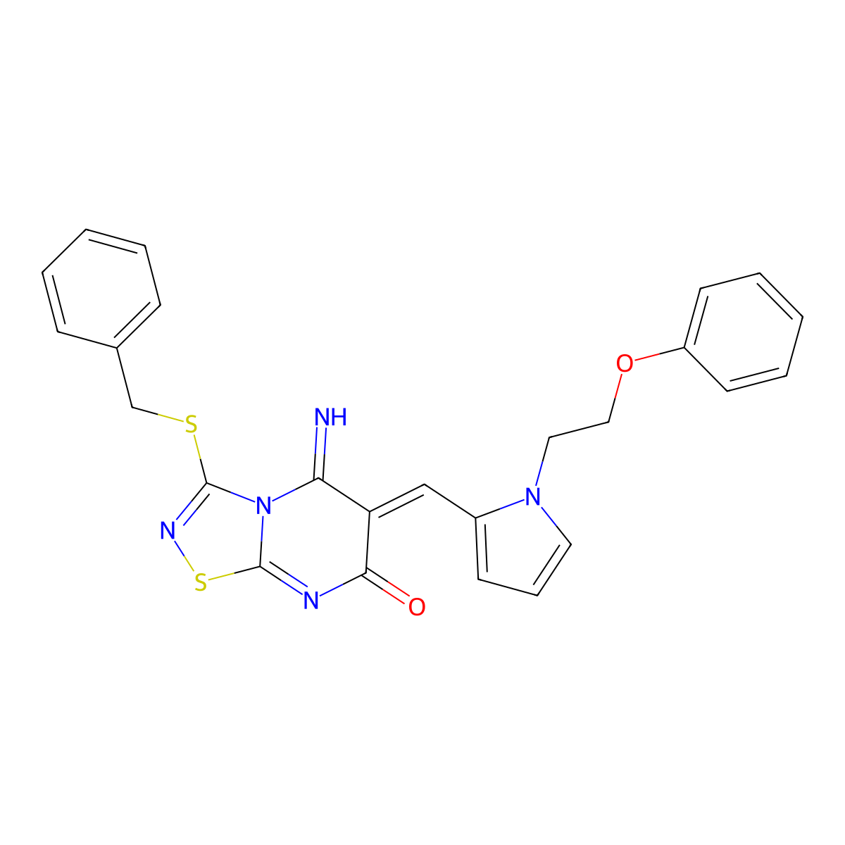 5,6-Dihydro-5-imino-6-[[1-(2-phenoxyethyl)-1H-pyrrol-2-yl]methylene]-3-[(phenylmethyl)thio]-7H-1,2,4-thiadiazolo[4,5-a]pyrimidin-7-one molecular structure, CAS 577761-63-8