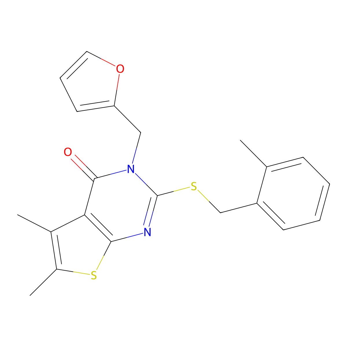3-(furan-2-ylmethyl)-5,6-dimethyl-2-[(2-methylbenzyl)sulfanyl]thieno[2,3-d]pyrimidin-4(3H)-one molecular structure, CAS 577762-07-3