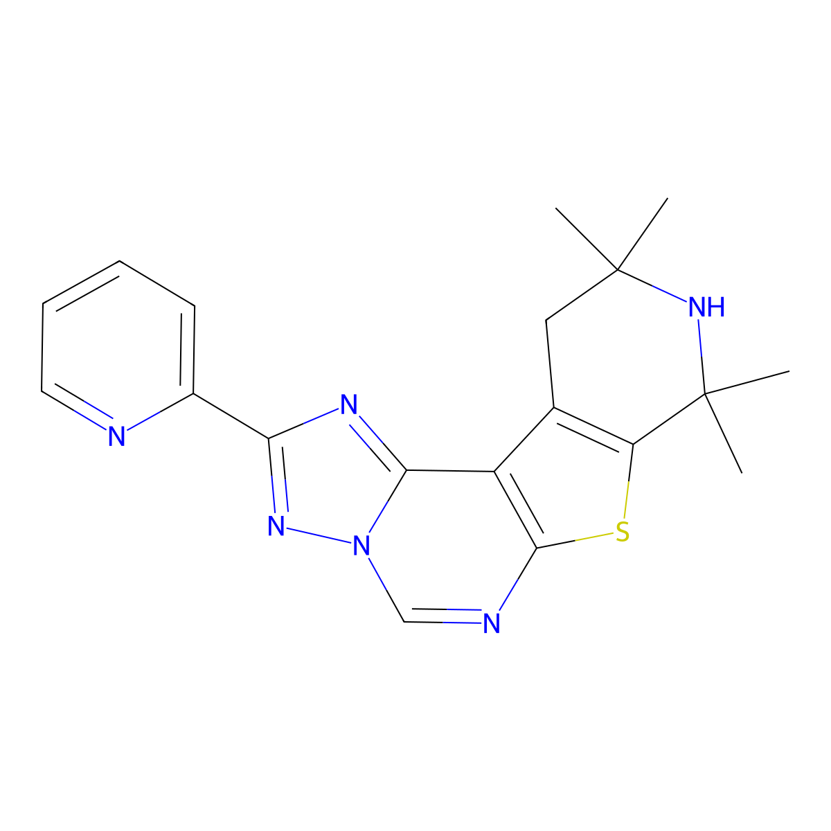 8,8,10,10-Tetramethyl-2-(pyridin-2-yl)-8,9,10,11-tetrahydropyrido[4',3':4,5]thieno[3,2-e][1,2,4]triazolo[1,5-c]pyrimidine molecular structure, CAS 577762-31-3