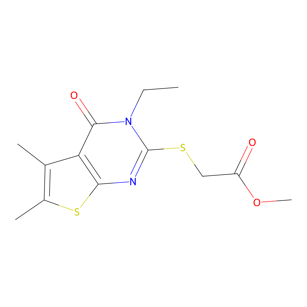 ME((3-ET-5,6-Dimethyl-4-oxo-3,4-dihydrothieno(2,3-D)pyrimidin-2-YL)thio)acetate molecular structure, CAS 577762-51-7