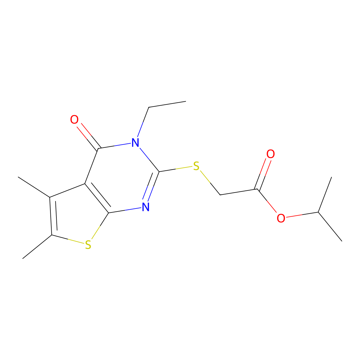 Isopropyl ((3-ethyl-5,6-dimethyl-4-oxo-3,4-dihydrothieno(2,3-D)pyrimidin-2-YL)sulfanyl)acetate molecular structure, CAS 577762-90-4