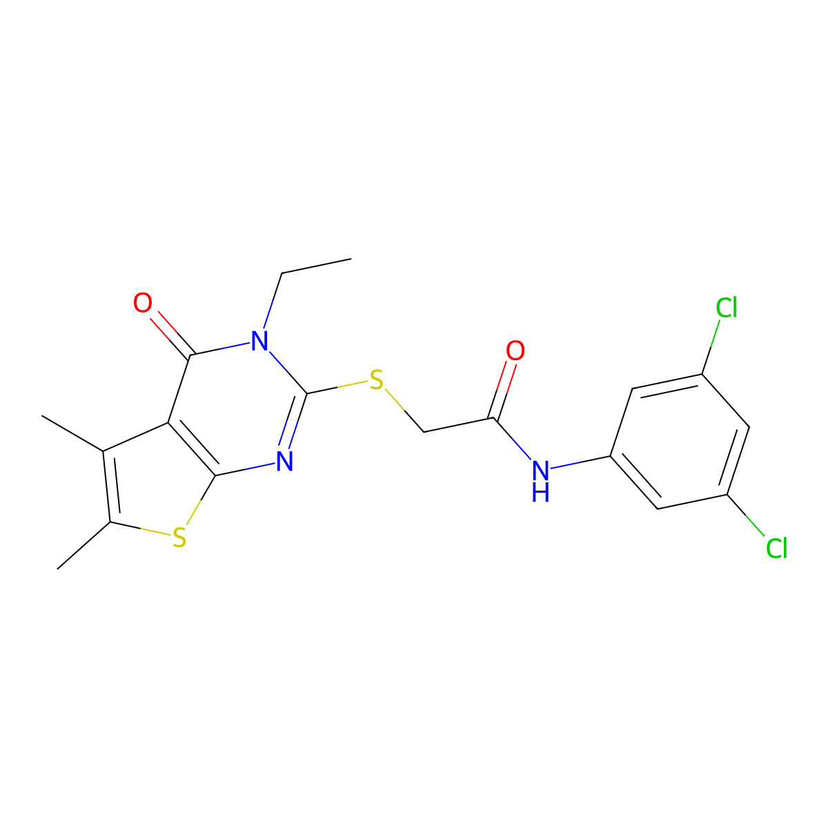 N-(3,5-Dichlorophenyl)-2-((3-ethyl-5,6-dimethyl-4-oxo-3,4-dihydrothieno(2,3-D)pyrimidin-2-YL)sulfanyl)acetamide molecular structure, CAS 577763-67-8