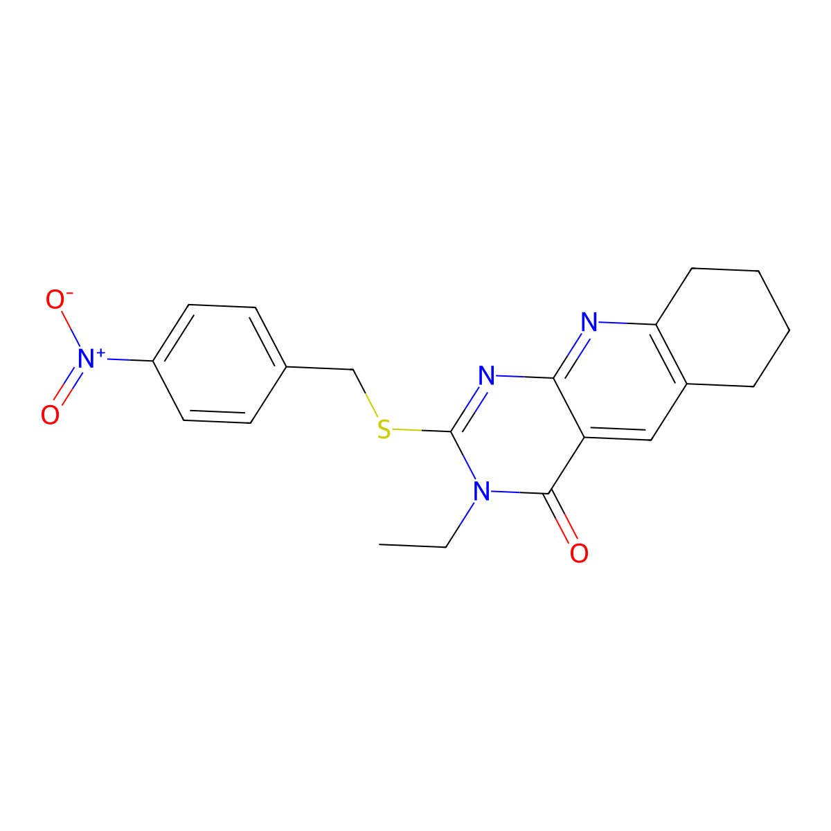 3-Ethyl-2-[(4-nitrophenyl)methylsulfanyl]-6,7,8,9-tetrahydropyrimido[4,5-b]quinolin-4-one molecular structure, CAS 577763-76-9
