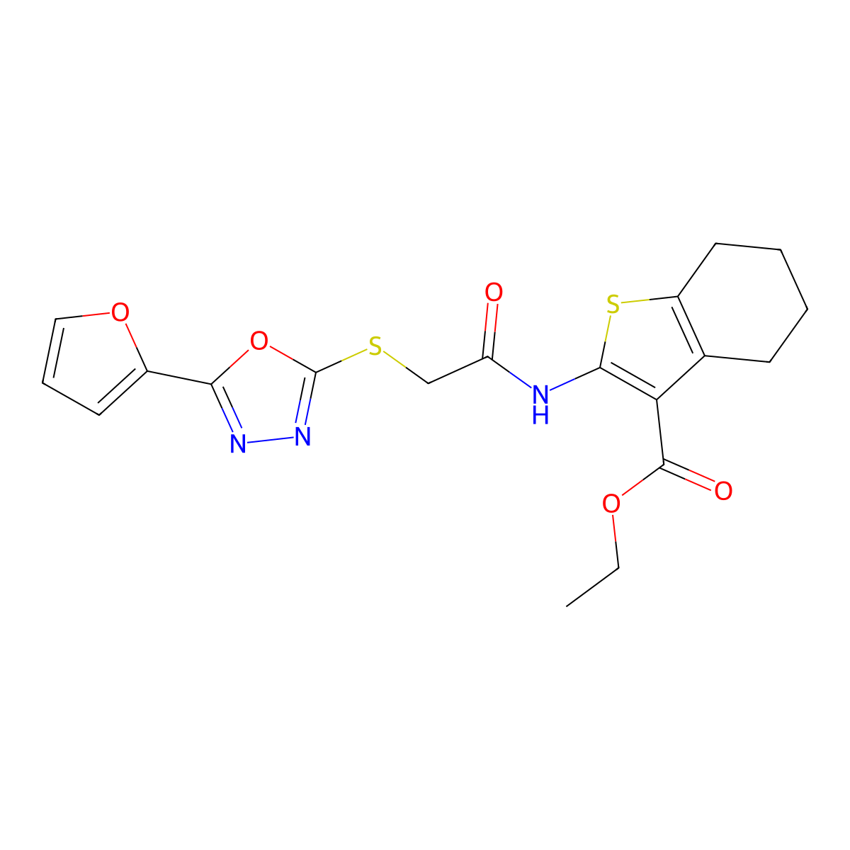 Ethyl 2-(2-((5-(furan-2-yl)-1,3,4-oxadiazol-2-yl)thio)acetamido)-4,5,6,7-tetrahydrobenzo[b]thiophene-3-carboxylate molecular structure, CAS 577763-77-0
