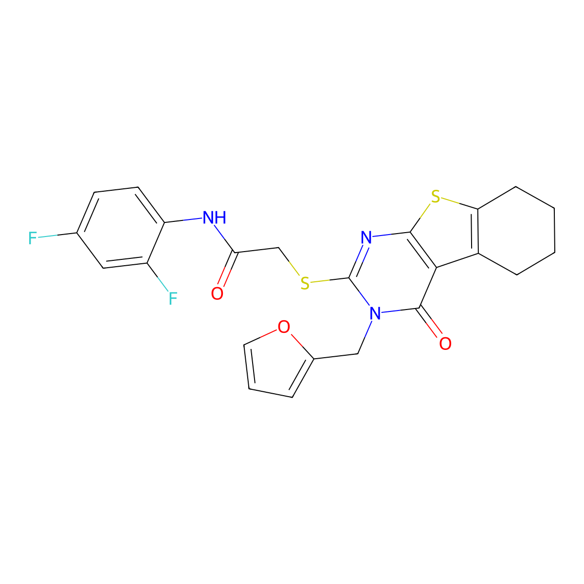 N-(2,4-difluorophenyl)-2-{[3-(furan-2-ylmethyl)-4-oxo-3,4,5,6,7,8-hexahydro[1]benzothieno[2,3-d]pyrimidin-2-yl]sulfanyl}acetamide molecular structure, CAS 577764-76-2