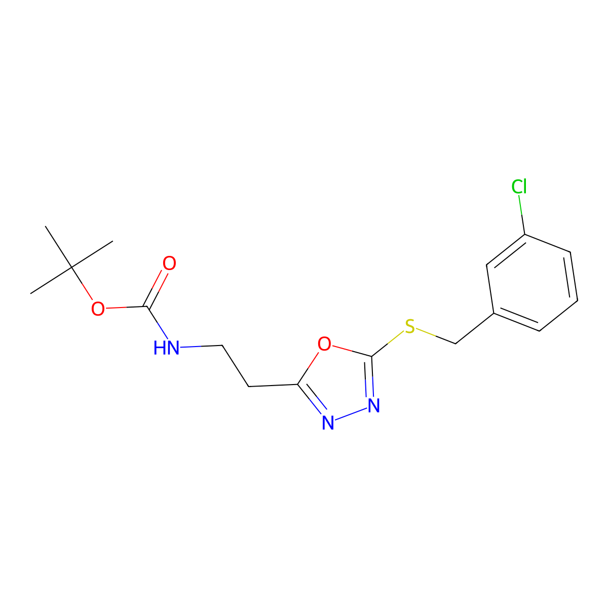 tert-butyl N-[2-[5-[(3-chlorophenyl)methylsulfanyl]-1,3,4-oxadiazol-2-yl]ethyl]carbamate molecular structure, CAS 577765-09-4