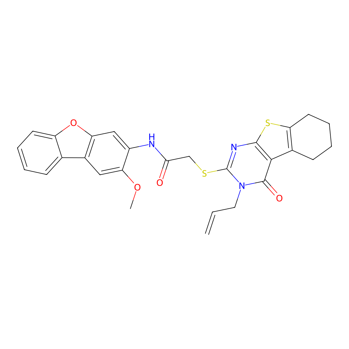 Acetamide,2-[[3,4,5,6,7,8-hexahydro-4-oxo-3-(2-allyl)[1]benzothieno[2,3-D]pyrimidin-2-YL]thio]-N-(2-methoxy-3-dibenzofuranyl)- molecular structure, CAS 577765-14-1