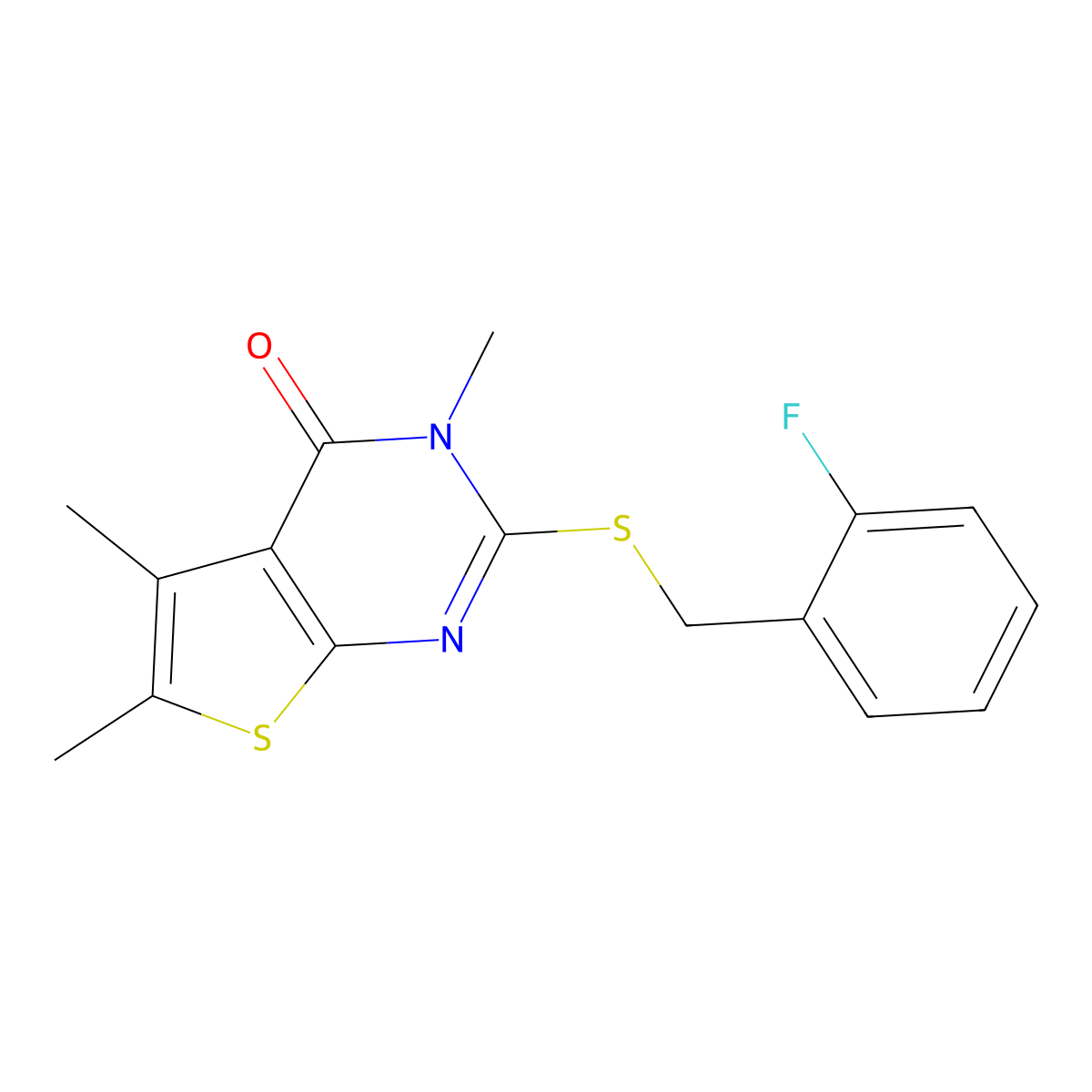 2-[(2-fluorobenzyl)sulfanyl]-3,5,6-trimethylthieno[2,3-d]pyrimidin-4(3H)-one molecular structure, CAS 577765-22-1
