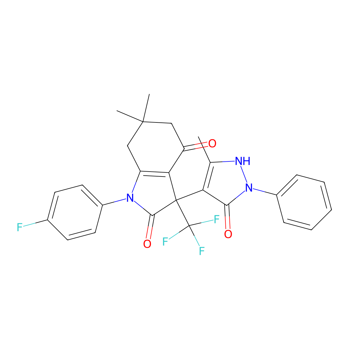 1-(4-fluorophenyl)-6,6-dimethyl-3-(5-methyl-3-oxo-2-phenyl-2,3-dihydro-1H-pyrazol-4-yl)-3-(trifluoromethyl)-3,5,6,7-tetrahydro-1H-indole-2,4-dione molecular structure, CAS 577765-24-3