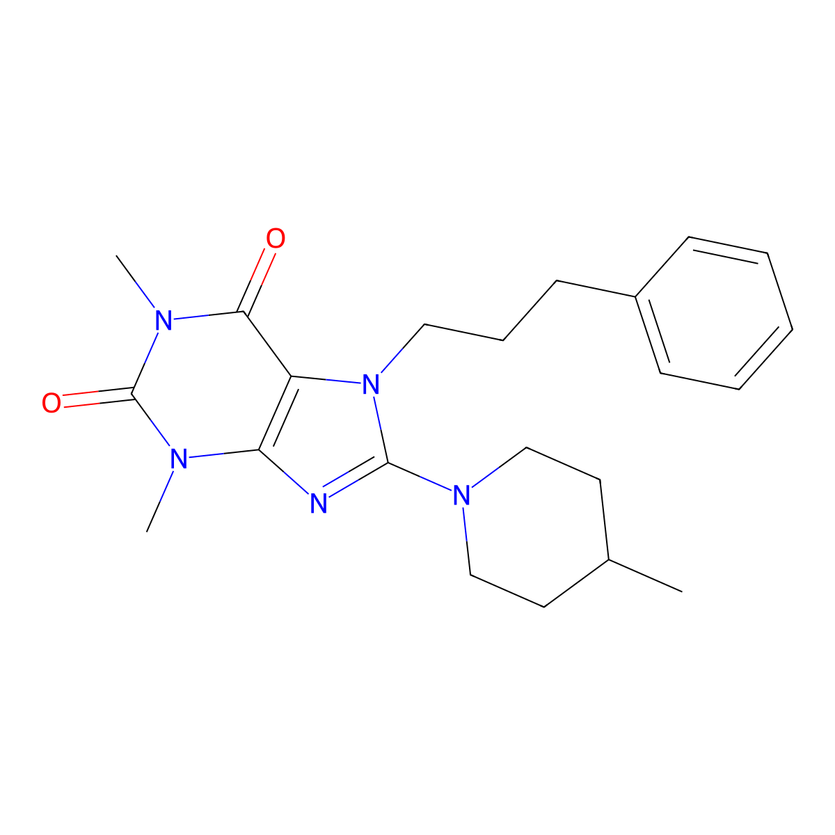 1,3-dimethyl-8-(4-methylpiperidin-1-yl)-7-(3-phenylpropyl)-1H-purine-2,6(3H,7H)-dione molecular structure, CAS 577765-71-0