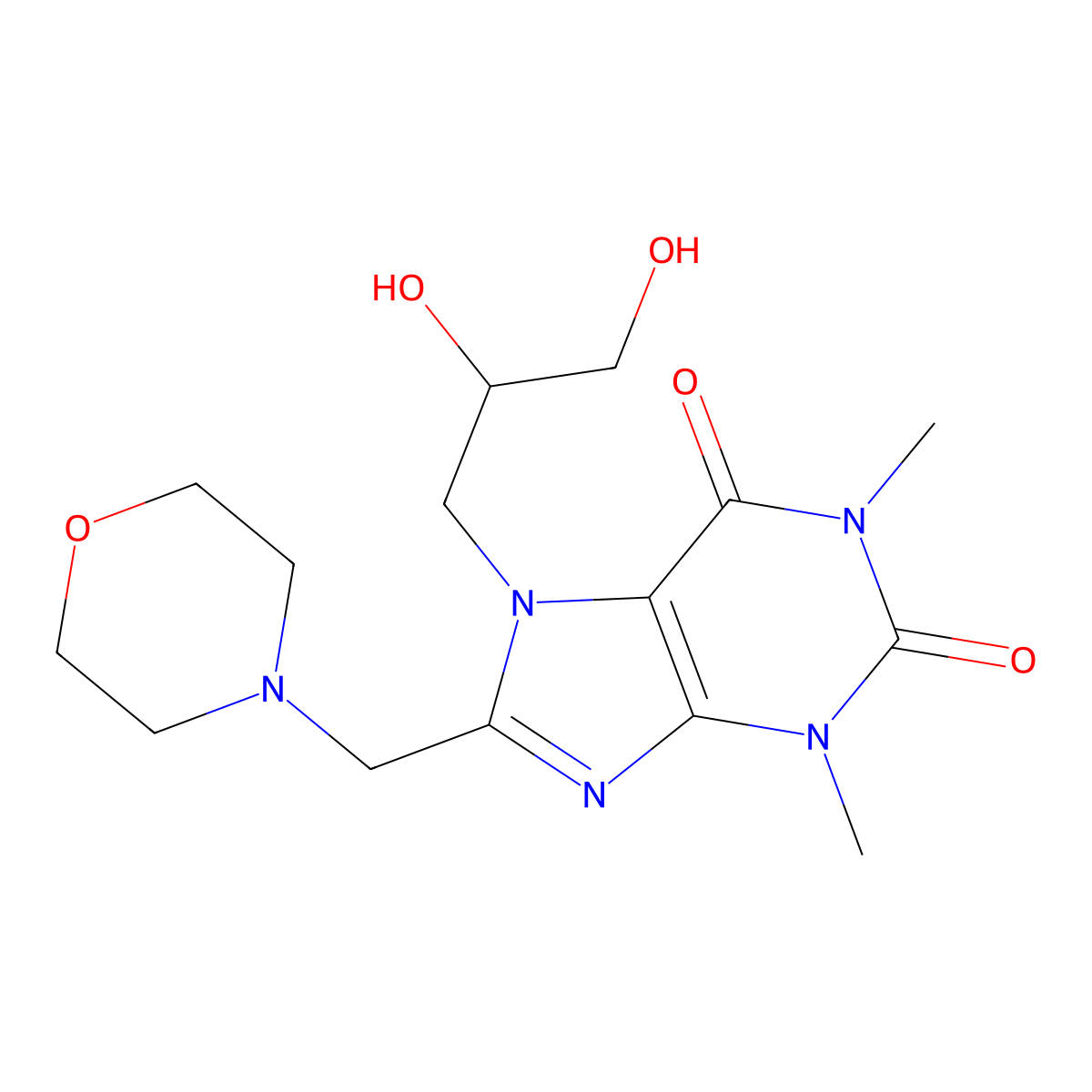 7-(2,3-dihydroxypropyl)-1,3-dimethyl-8-(morpholinomethyl)-1H-purine-2,6(3H,7H)-dione molecular structure, CAS 577766-03-1