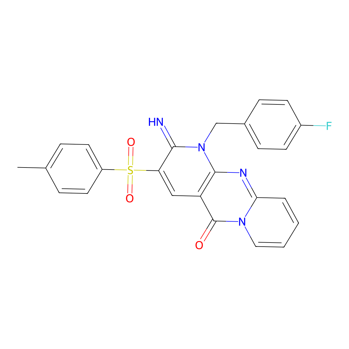 7-[(4-Fluorophenyl)methyl]-6-imino-5-(4-methylbenzenesulfonyl)-1,7,9-triazatricyclo[8.4.0.0^{3,8}]tetradeca-3(8),4,9,11,13-pentaen-2-one molecular structure, CAS 577766-10-0