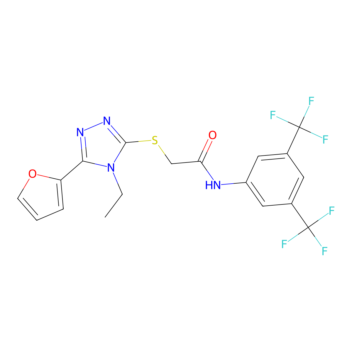 N-(3,5-Bis(trifluoromethyl)phenyl)-2-((4-ethyl-5-(2-furyl)-4H-1,2,4-triazol-3-YL)sulfanyl)acetamide molecular structure, CAS 577766-17-7