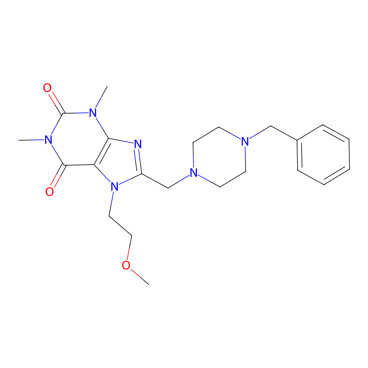 8-[(4-benzylpiperazin-1-yl)methyl]-7-(2-methoxyethyl)-1,3-dimethyl-3,7-dihydro-1H-purine-2,6-dione molecular structure, CAS 577766-25-7
