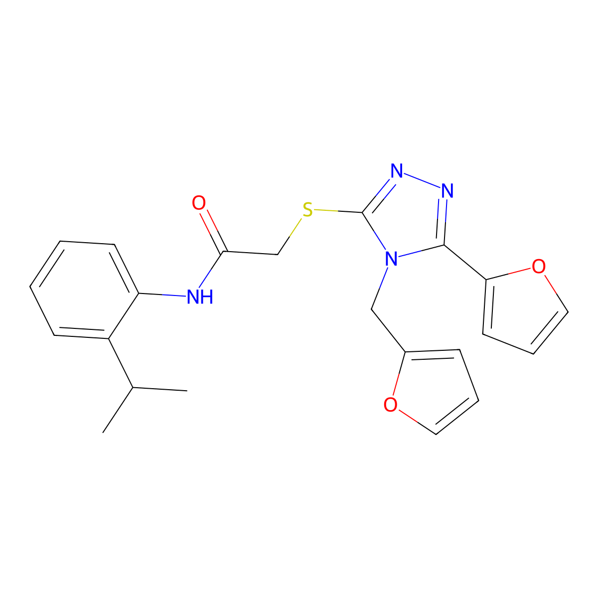 2-{[5-(furan-2-yl)-4-(furan-2-ylmethyl)-4H-1,2,4-triazol-3-yl]sulfanyl}-N-[2-(propan-2-yl)phenyl]acetamide molecular structure, CAS 577766-86-0