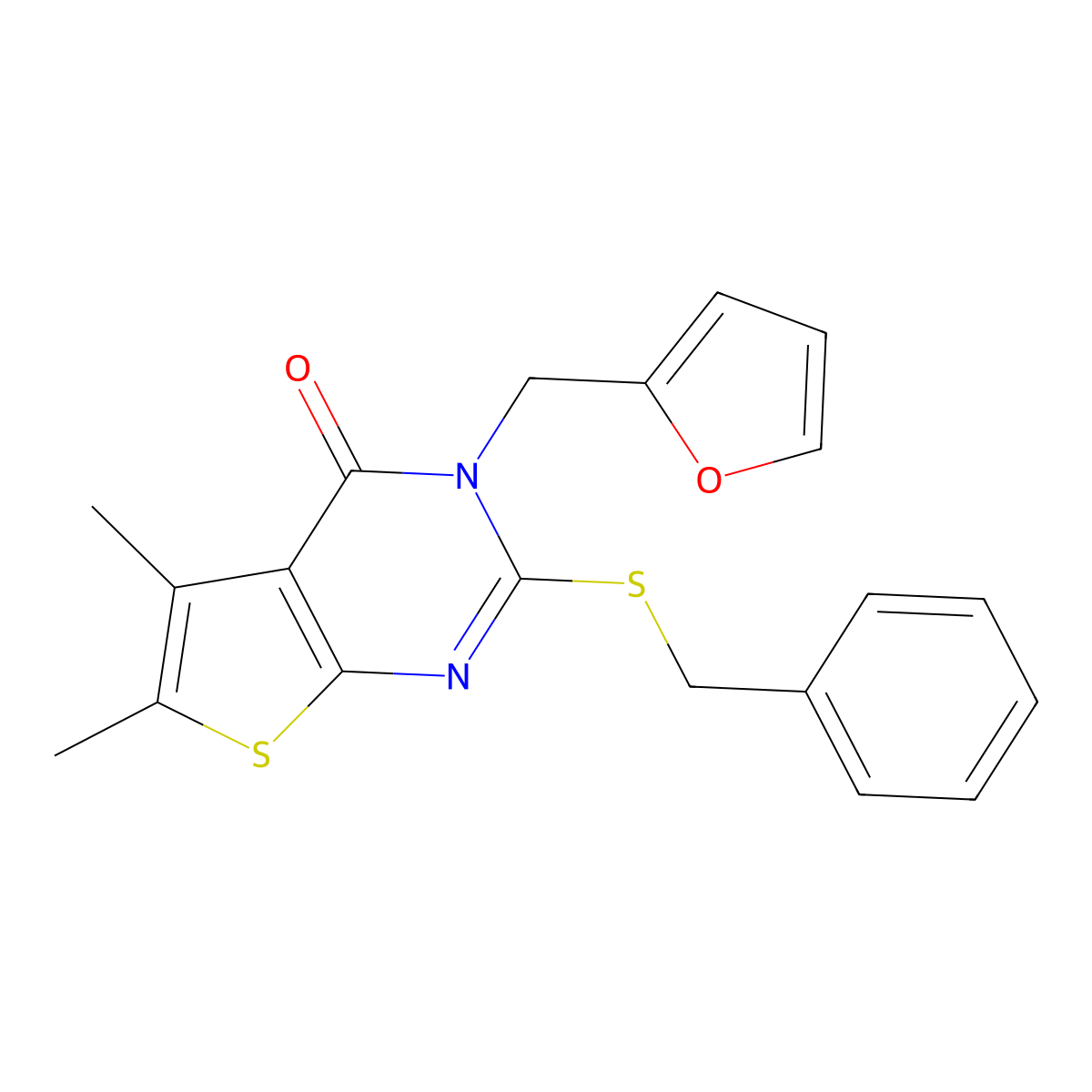 2-Benzylsulfanyl-3-furan-2-ylmethyl-5,6-dimethyl-3H-thieno[2,3-d]pyrimidin-4-one molecular structure, CAS 577767-49-8