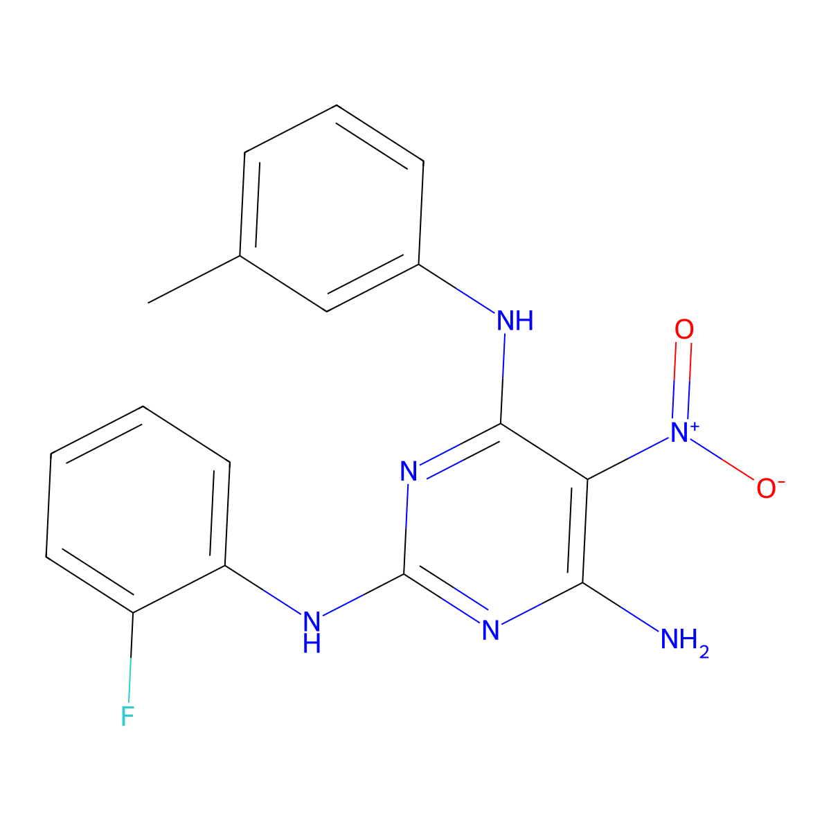 2-N-(2-fluorophenyl)-4-N-(3-methylphenyl)-5-nitropyrimidine-2,4,6-triamine molecular structure, CAS 577767-78-3
