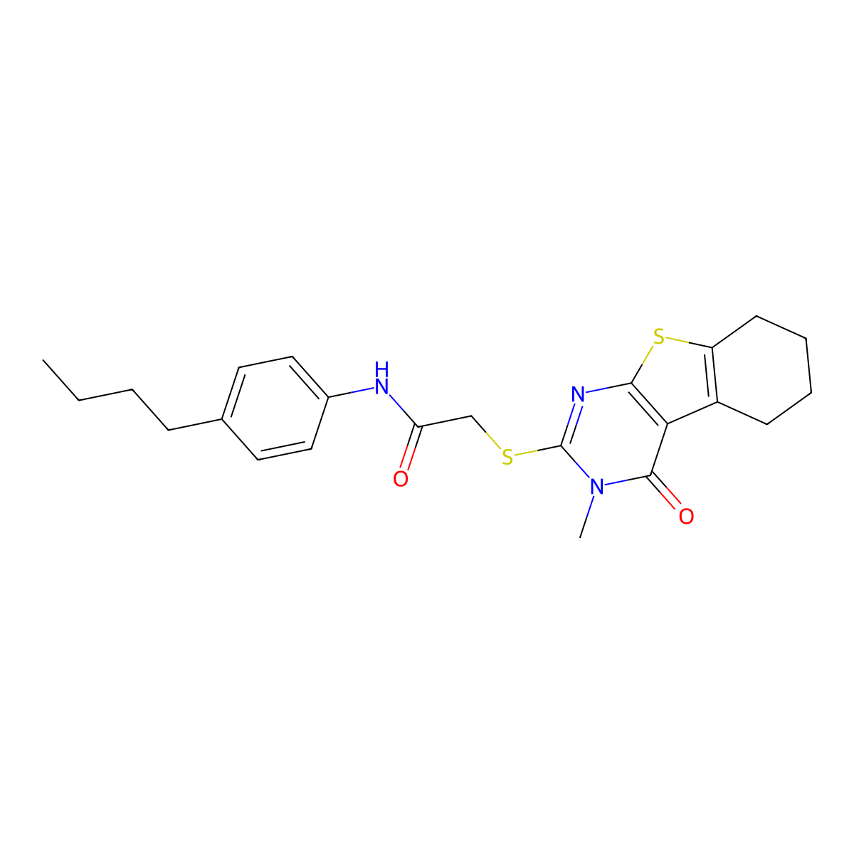 N-(4-butylphenyl)-2-(3-methyl-4-oxo(3,5,6,7,8-pentahydrobenzo[b]thiopheno[2,3-d]pyrimidin-2-ylthio))acetamide molecular structure, CAS 577767-80-7