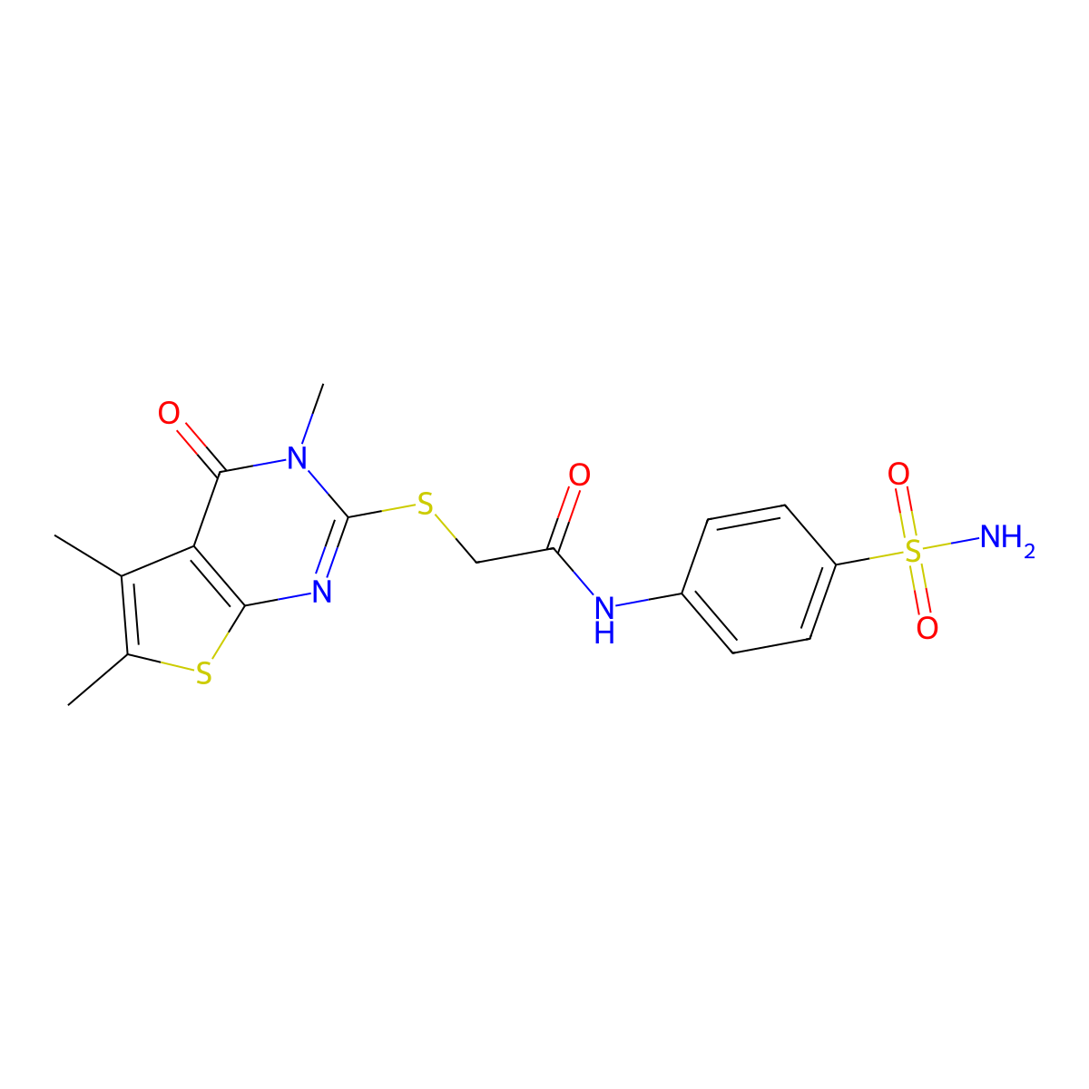 N-(4-sulfamoylphenyl)-2-[(3,5,6-trimethyl-4-oxo-3,4-dihydrothieno[2,3-d]pyrimidin-2-yl)sulfanyl]acetamide molecular structure, CAS 577768-10-6
