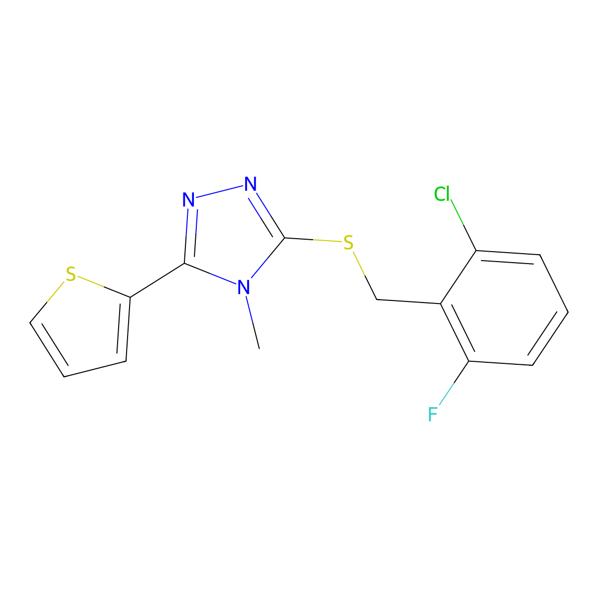 3-[(2-chloro-6-fluorobenzyl)sulfanyl]-4-methyl-5-(thiophen-2-yl)-4H-1,2,4-triazole molecular structure, CAS 577768-52-6