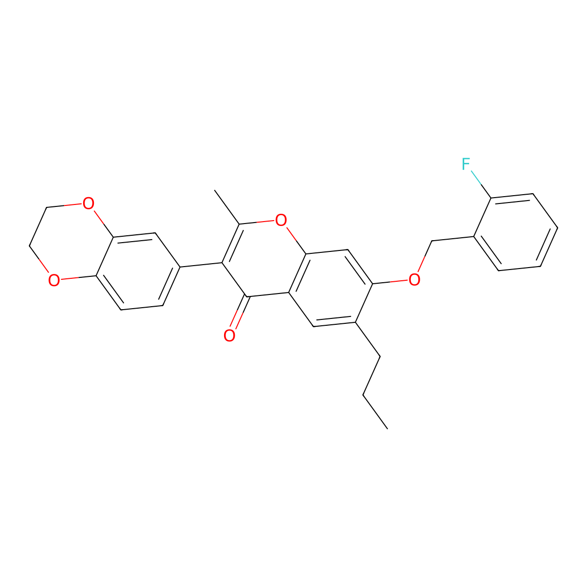 3-(2,3-dihydro-1,4-benzodioxin-6-yl)-7-[(2-fluorobenzyl)oxy]-2-methyl-6-propyl-4H-chromen-4-one molecular structure, CAS 577769-13-2