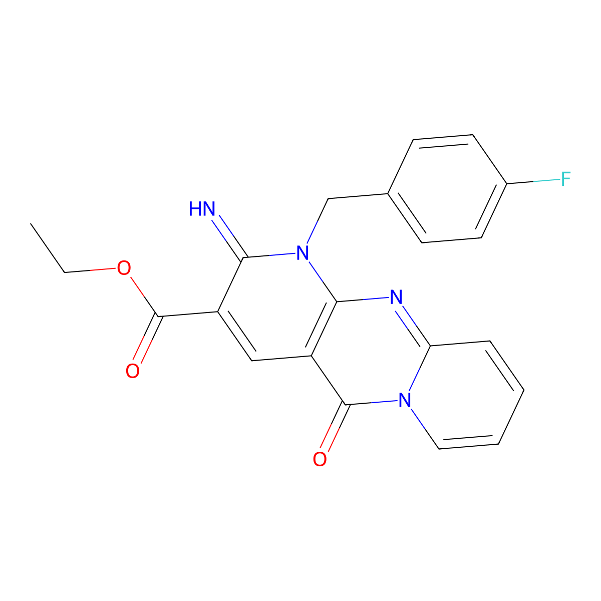 Ethyl 7-[(4-fluorophenyl)methyl]-6-imino-2-oxo-1,7,9-triazatricyclo[8.4.0.0^{3,8}]tetradeca-3(8),4,9,11,13-pentaene-5-carboxylate molecular structure, CAS 577769-39-2