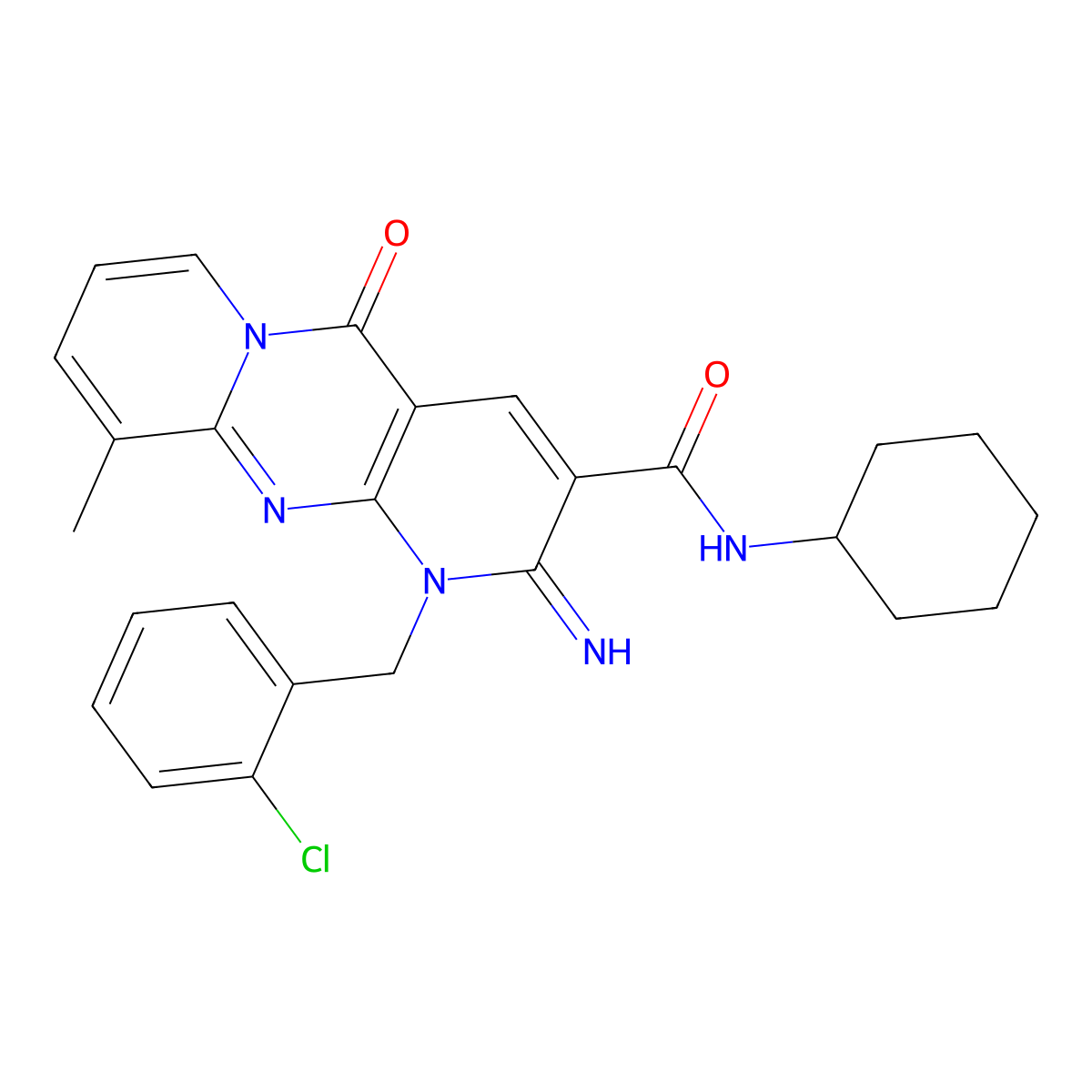 7-[(2-chlorophenyl)methyl]-N-cyclohexyl-6-imino-11-methyl-2-oxo-1,7,9-triazatricyclo[8.4.0.0^{3,8}]tetradeca-3(8),4,9,11,13-pentaene-5-carboxamide molecular structure, CAS 577769-51-8