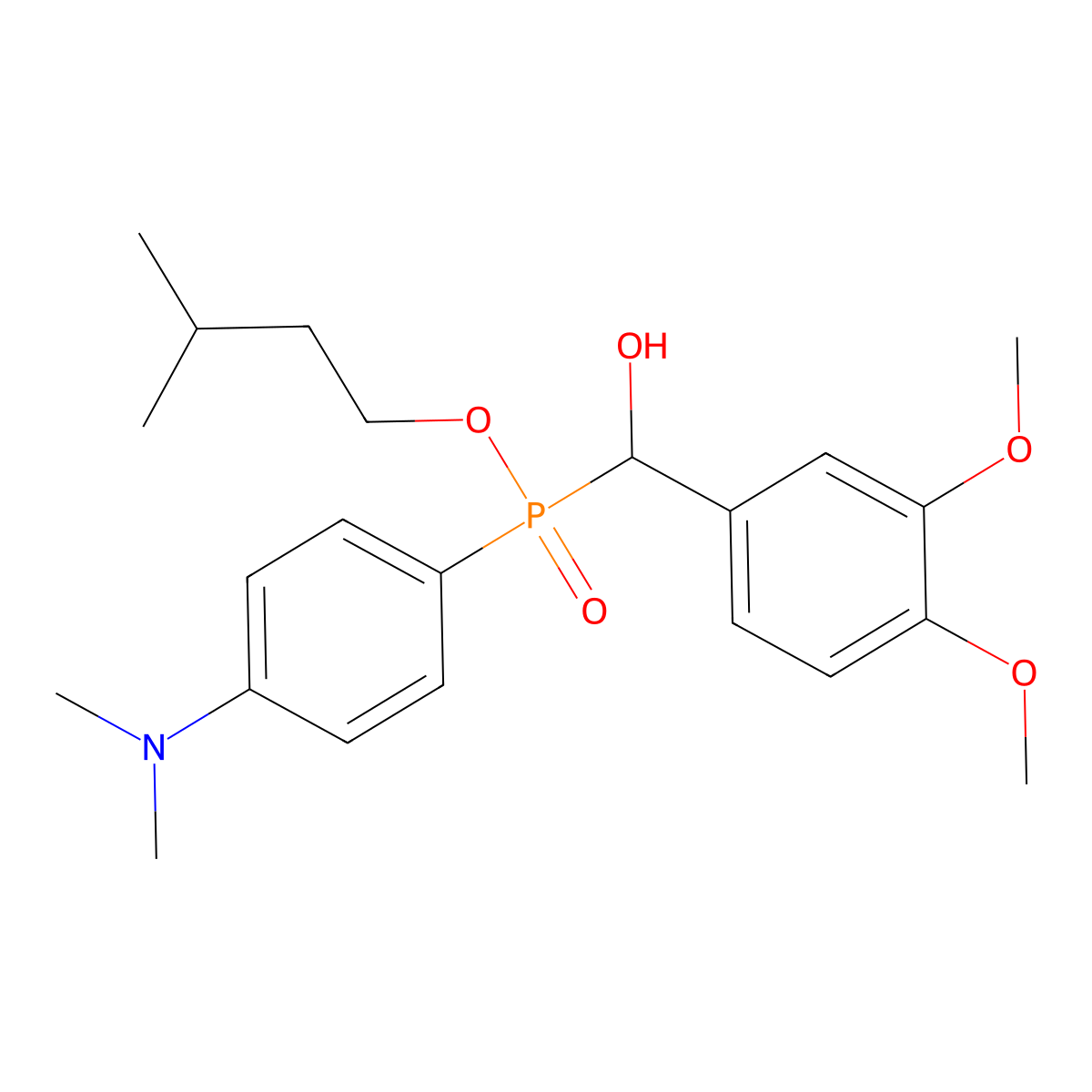 Isopentyl ((3,4-dimethoxyphenyl)(hydroxy)methyl)(4-(dimethylamino)phenyl)phosphinate molecular structure, CAS 577769-88-1