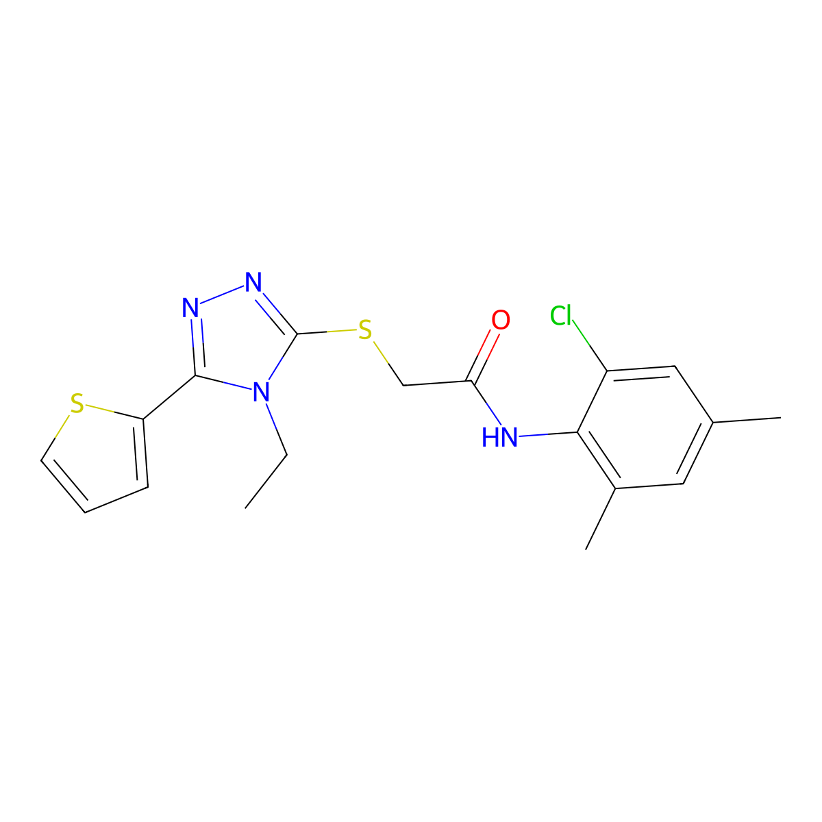 N-(2-Chloro-4,6-dimethylphenyl)-2-{[4-ethyl-5-(2-thienyl)-4H-1,2,4-triazol-3-YL]sulfanyl}acetamide molecular structure, CAS 577769-92-7